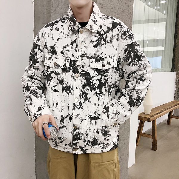 

streetwear hip hop punk tie dye graffiti contrast print woman men denim coat jacket loose plus bomber jeans windbreaker oversize, Black;brown