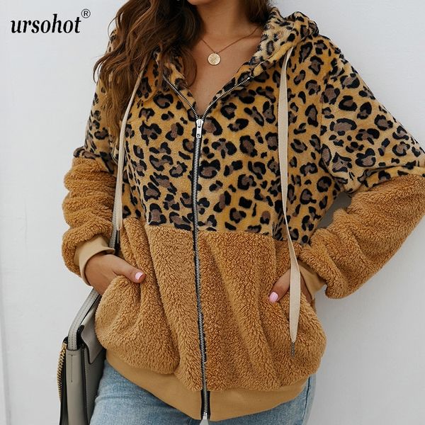 

ursonew design autumn winter leopard patchwork women coat poket white faux wool jacket with hat open stitch zipper coats, Black;brown