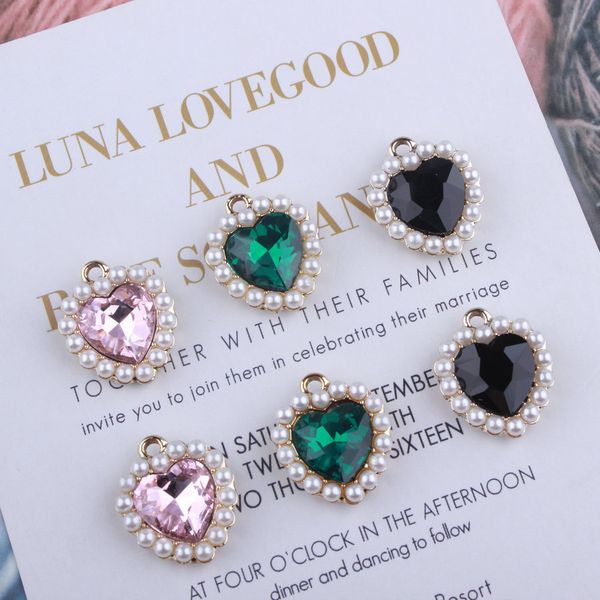 

10pcs 18*21mm gold color tone crystal rhinestones pearl heart charm pendant diy metal bracelet necklace jewelry findings, Bronze;silver