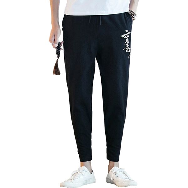 

свободная перевозка груза плюс размер 7xl 8xl 52 54 мужские хип хоп льняные брюки мужчины случайные щиколоток штаны брюки китайском стиле, Black