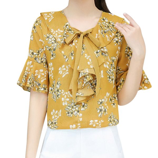 

summer blouse women causal loose v-neck short sleeve chiffon printing blouse shirt elegantes blusas mujer de moda 2019, White