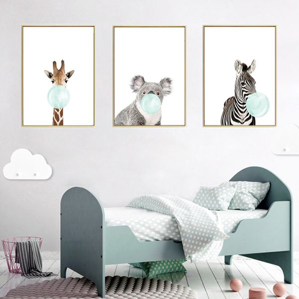 

3pcs cute animals wall art canvas zebra giraffe koala blue bubble gum poster pictures for kids rooms boys girls nursery decor