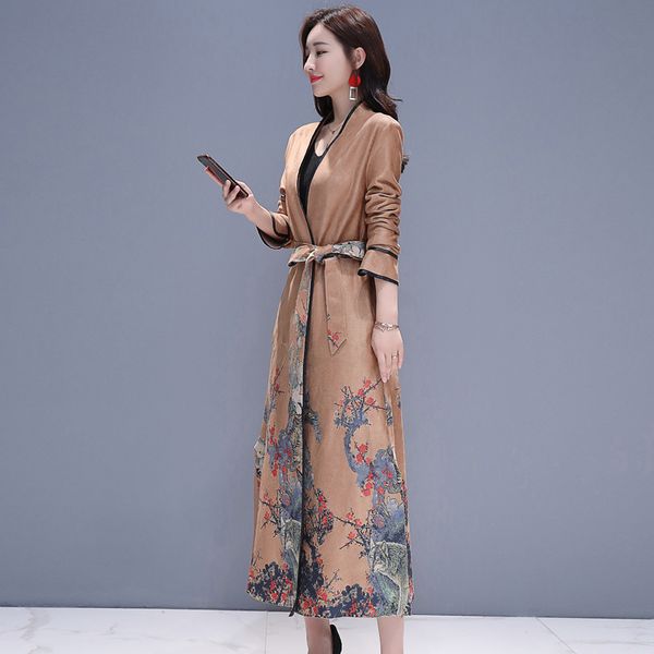 

2019 spring vintage pattern suede long trench coat for women classic cotton windbreakers female overcoat plus size long coats, Tan;black