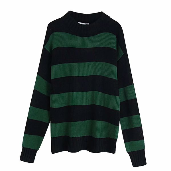 

2019 women elegant green striped knitting sweater autumn ladies fashion o neck color matching casual pullovers leisure s151, White;black