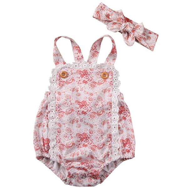 

rose floral baby girl clothes summer newborn infant baby boys girls boho floral lace suspender bodysuit headband outfits, White