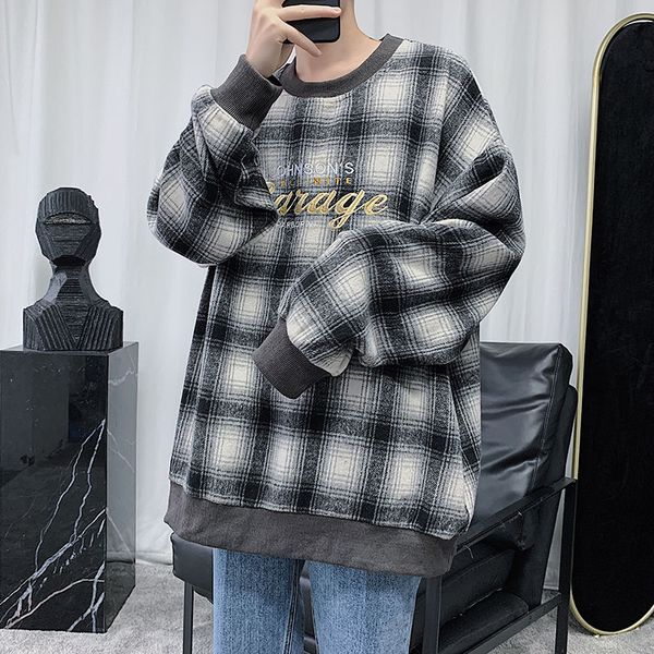 

2020 spring and autumn new youth plaid round neck loose sweatshirt fashion casual letter print sweatshirt black / khaki
