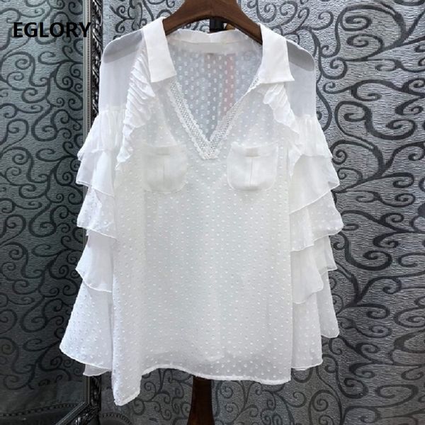 

silk blouse 2019 spring summer plus size women turn-down collar polka dot pattern ruffle layered sleeve shirts, White