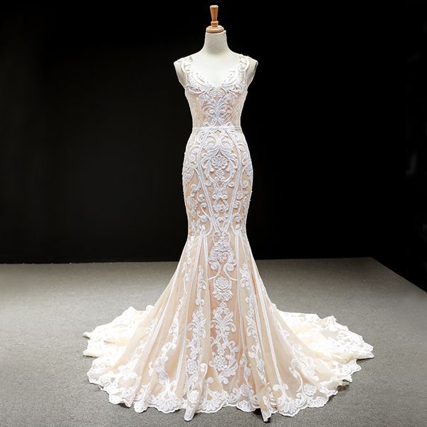 

luxury champagne mermaid lace wedding dress with handmade appliques boho wedding dress with 60cm train lace up back beach wedding dresses, White