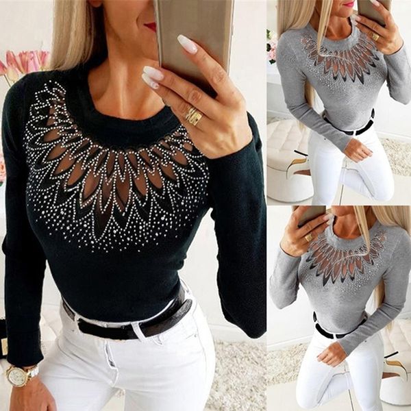 

women's t-shirt elegant women autumn winter slim t-shirts patchwork hollow out design beading decor see through o-neck long sleeve soli, White