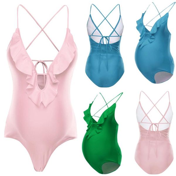 

women's hollow straps one-piece swimsuit maternity dress swimsuit bikini swimwear bathing suit solid pregnant beachwear, White