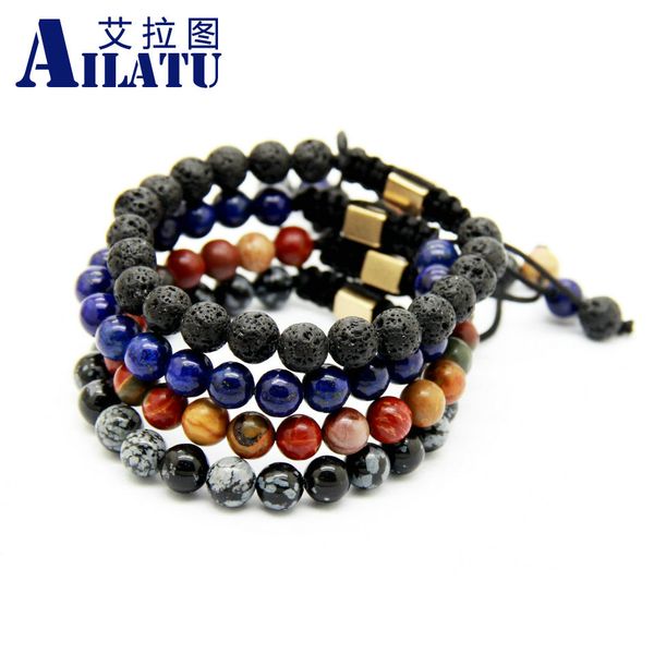 

ailatu wholesale 10pcs jewelry 8mm snowflake obsidian, lapis lazuli, picasso , lava stone beads macrame cotton bracelet, Golden;silver