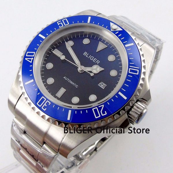 

bliger 44mm black blue dial men's watch ceramic bezel luminous stainless steel case miyota automatic movement, Slivery;brown