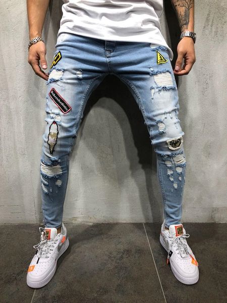 

jeans men fashion streetwear men's hip hop jeans vintage blue gray color skinny destroyed ripped broken denim pants homme