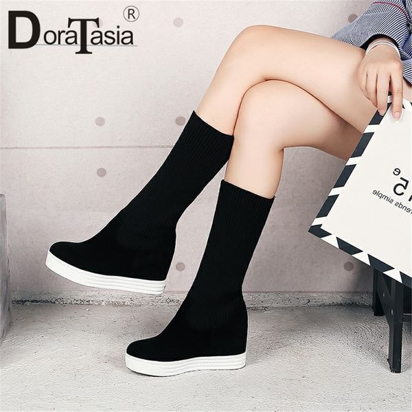

doratasia winter 34-44 height increasing ankle boots women 2019 platform stretch booties ladies high heels shoes woman, Black