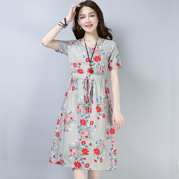 

2019 new summer dress korean cotton linen o neck loose dress short sleeve lace up vestidos floral print plus size dresses elbise, Black;gray