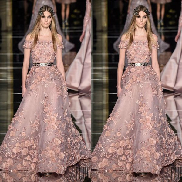 

zuhair murad prom dresses 3d floral appliques long off shoulder a-line beaded evening gowns sweep train tulle party dress for women, Black