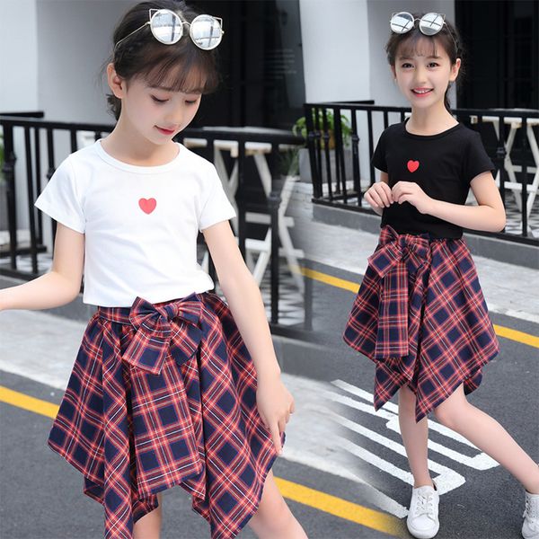 

fashion short sleeve t-shirt + plaid skirt set for kids girls ooutdoor wear