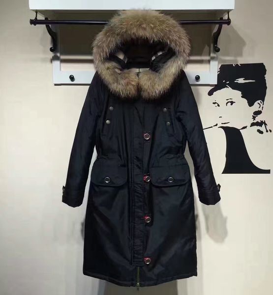 

2019 b brand thick down jacket big 100% real raccoon fur coat women down coat x-long hood parkas size s, Black