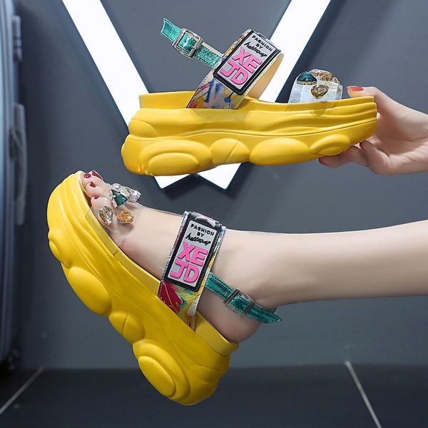 

сандалии на платформе женщины 2020 коренастый супер высокие каблуки белый летняя мода прозрачный алмаз клин горный хрусталь сандалии, Black