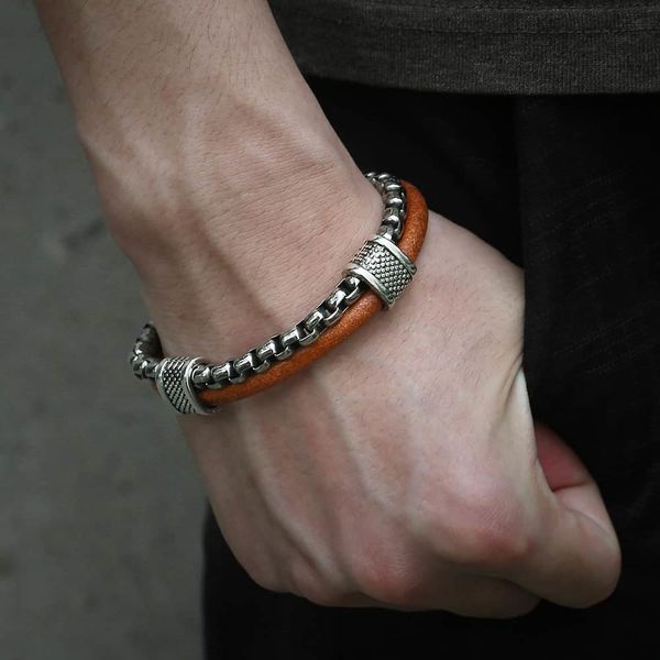 

trendsmax leather bracelet for men stainless steel box chain link bracelet mens bracelets fashion jewelry to buckle dlb70, Golden;silver
