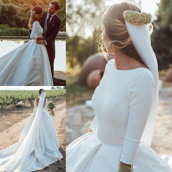 Elegante simples estilo country vestidos de casamento manga longa 3/4 mangas jóias Pescoço quadra trem Backless vestidos de noiva feito sob encomenda