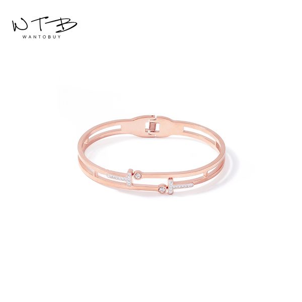 

wantobuy new trendy 316l stainless steel rose gold color bangles bracelets charm geometric rhinestone for women party jewelry, Black