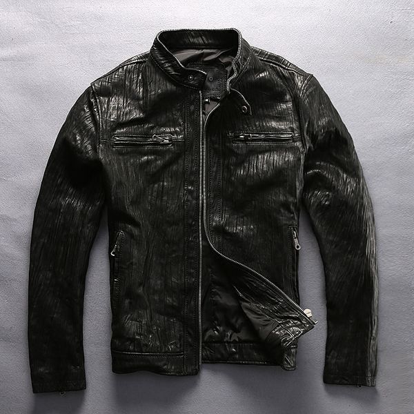 

men's slim fit motorcycle jacket black sheepskin lapel genuine leather jacket men fashion fold real leather coat male