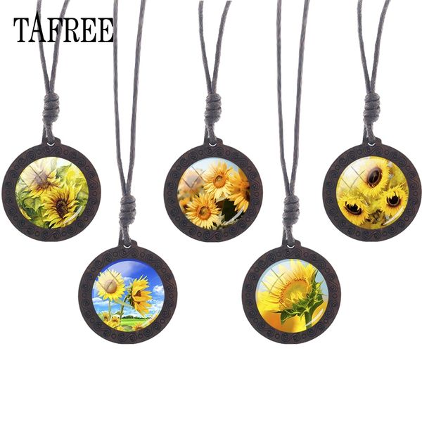 

spring sunflower round wooden necklace pendant plant flowers glass cabochon vintage rope choker 1pic sell for gift kl87, Silver