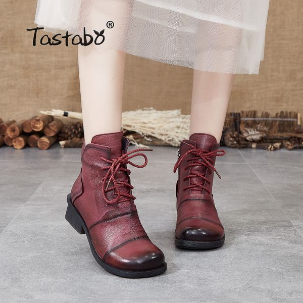 

tastabo genuine leather ladies ankle boots khaki black red wine s88205 daily women's boots retro style comfortable soft bottom