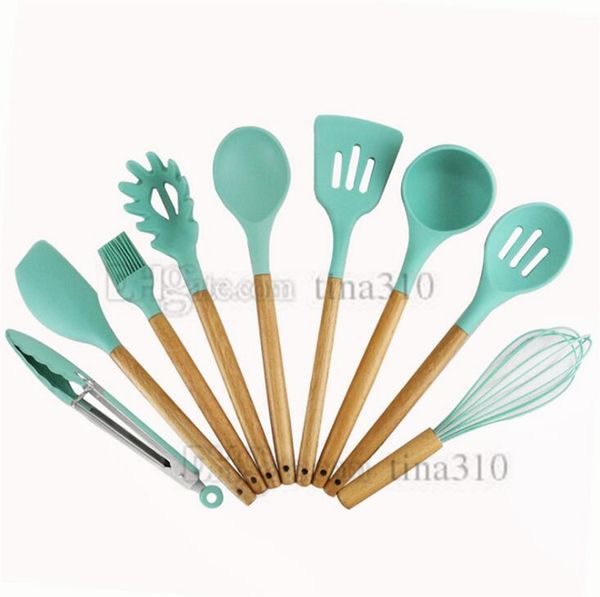 

wooden handle silica gel kitchenware 9pcs/set kitchenware with cooking spoon, translucent silica gel kitchen tools cooking utensils 4672