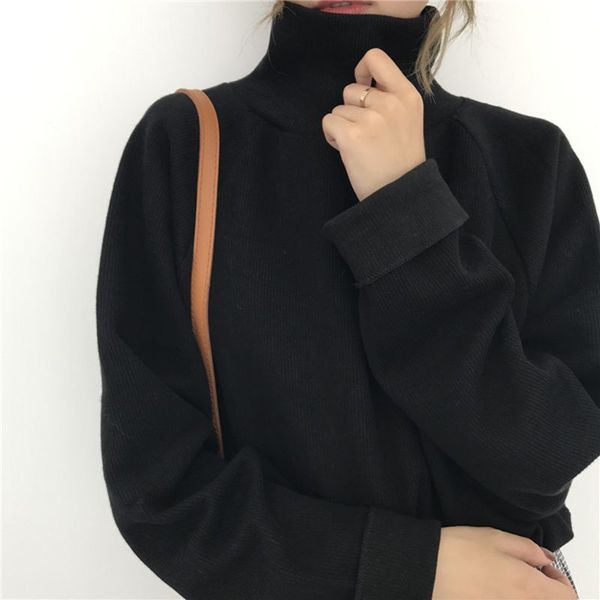 

autumn new women sweater casual loose turtleneck knitted jumpers long batwing sleeve crocheted pullovers streetwear winter, White;black
