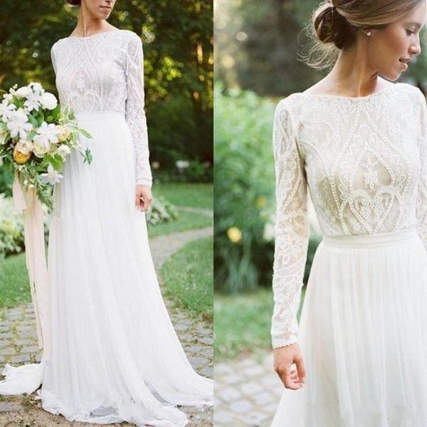 Böhmische Landhochzeitskleider mit langen Ärmeln, Bateau-Ausschnitt, A-Linie, Spitzenapplikation, Chiffon, Boho-Brautkleider