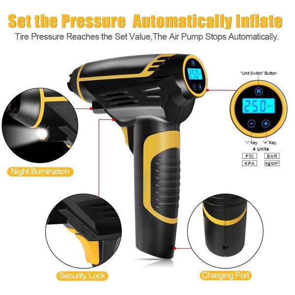

12v portable automatic cordless tire inflator with rechargeable battery pack lcd display smart air compressor
