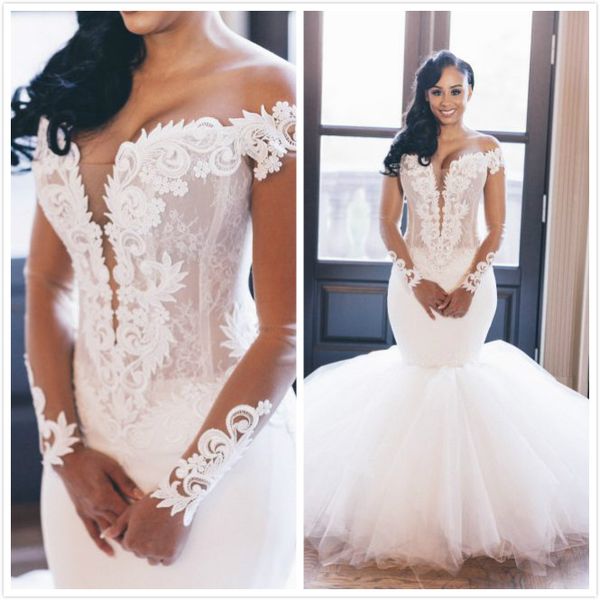 Lace sereia árabe plus size 2019 vestidos de noiva mangas compridas barato vestidos nupciais sexy vestidos de casamento elegantes