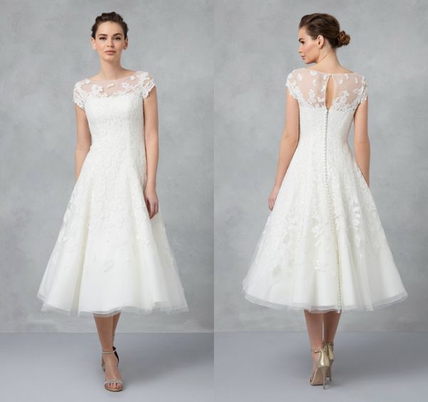 

oleg cassini short wedding dresses cap sleeve lace applique jewel neck garden boho wedding dresses tea length plus size bridal gowns, White