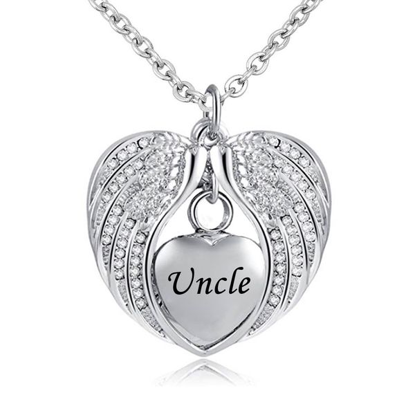

uncle angel wing urn necklace for ashes cremation memorial stainless steel heart keepsake birthstone crystal pendant necklace jewelry, Silver