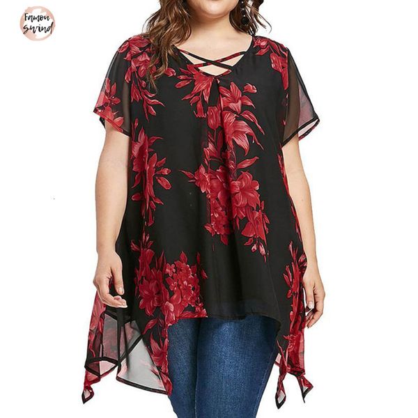 

blouses plus size 5xl womens and chiffon applique cross tunic print short sleeve long shirts loose casual women clothes, White