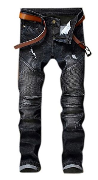 

men's fashion straight leg slim fit zipper stitched black biker jeans, Blue