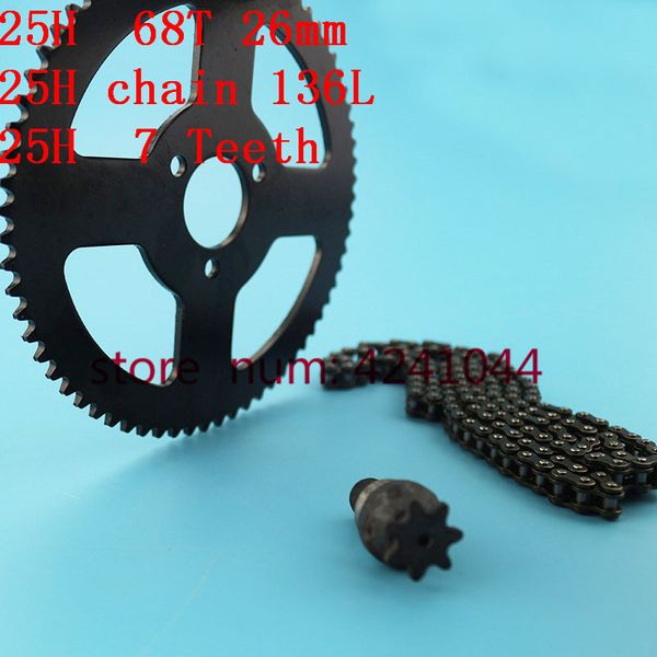 

25h chain(136 146 158 links) +68 teeth rear sprocket +7t sprocket shaft for 47cc 49cc 2 stroke atv go kart dirt pocket bike