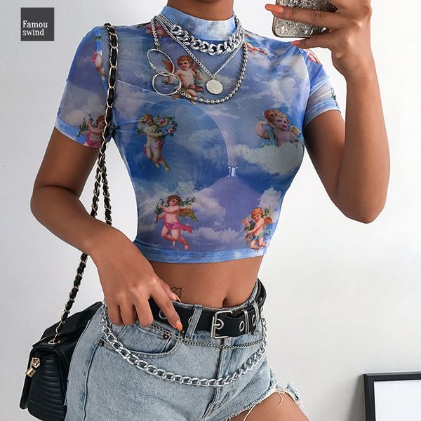 

tshirt bodycon t shirt women print short sleeve transparent summer streetwear cropped tee shirt femme, White