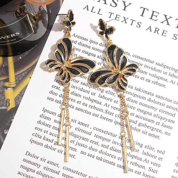 

flatfoosie fashion black butterfly drop earrings for women 2019 long metal chain tassel bohemian statement earrings jewelry gift, Silver