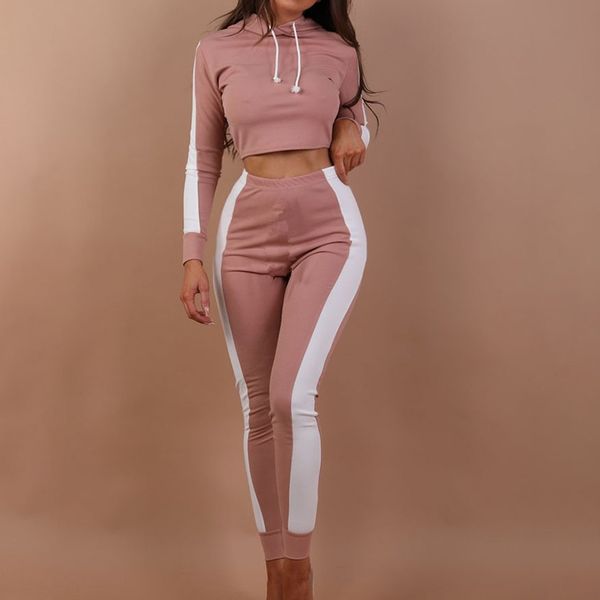 

two piece set side striped tracksuit for women hooded cropped elasic sports women's tracksuits autumn 2019 jogging female outfit, White