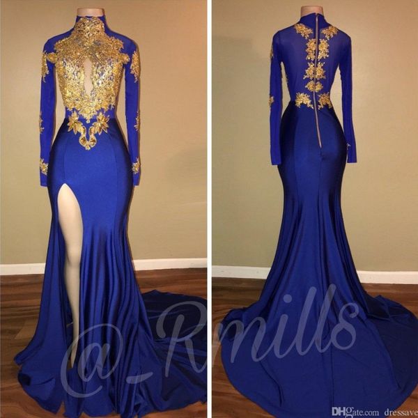 

2019 high neck blue prom dre e mermaid lit long leeve party dre evening wear lace applique equined graduation gown 2k19