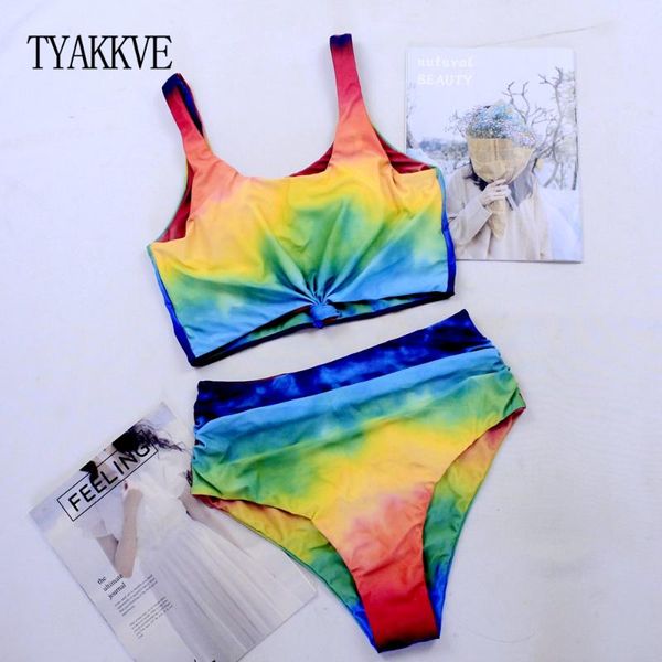 

tyakkve tie dye knot high waisted tankini swimsuit sport plus size swimwear women push up bathing suit aesthetic bikini set 2019