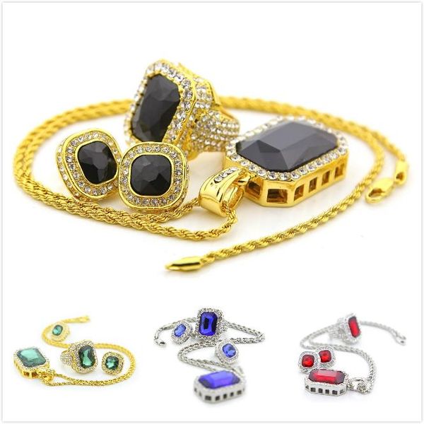 

new personalized mens gold bling colorful princess cut big diamond necklace earrings finger ring jewelry set hip hop rapper gift for guys, Silver
