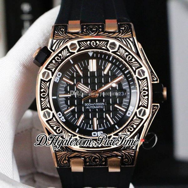 

royal 15710 autoamtic mens watch rose gold sculpture case black texture dial white stick markers rubber watches new puretime e148a1, Slivery;brown