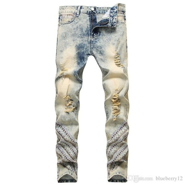 

mens jeans biker jeans vintage style male jeans hole distrressed slim fit denim casual male trousers pants asian size, Blue