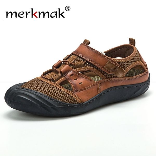 

sandals leather male merkmak mesh 2020 mens beach outdoor sandals hombre sandles non-slip hole shoes summer soft footwear new, Black