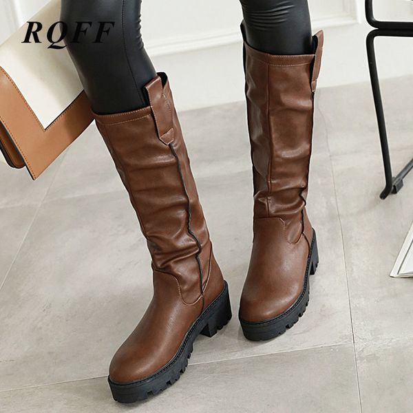 

coffee brown black winter new mid calf boots women fashion platform square med heels shoes woman plus big size pu boot 12