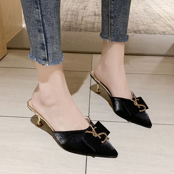 

trend pointed toe women slippers casual metal decoration thin heels flock solid color pantoufle femme, Black
